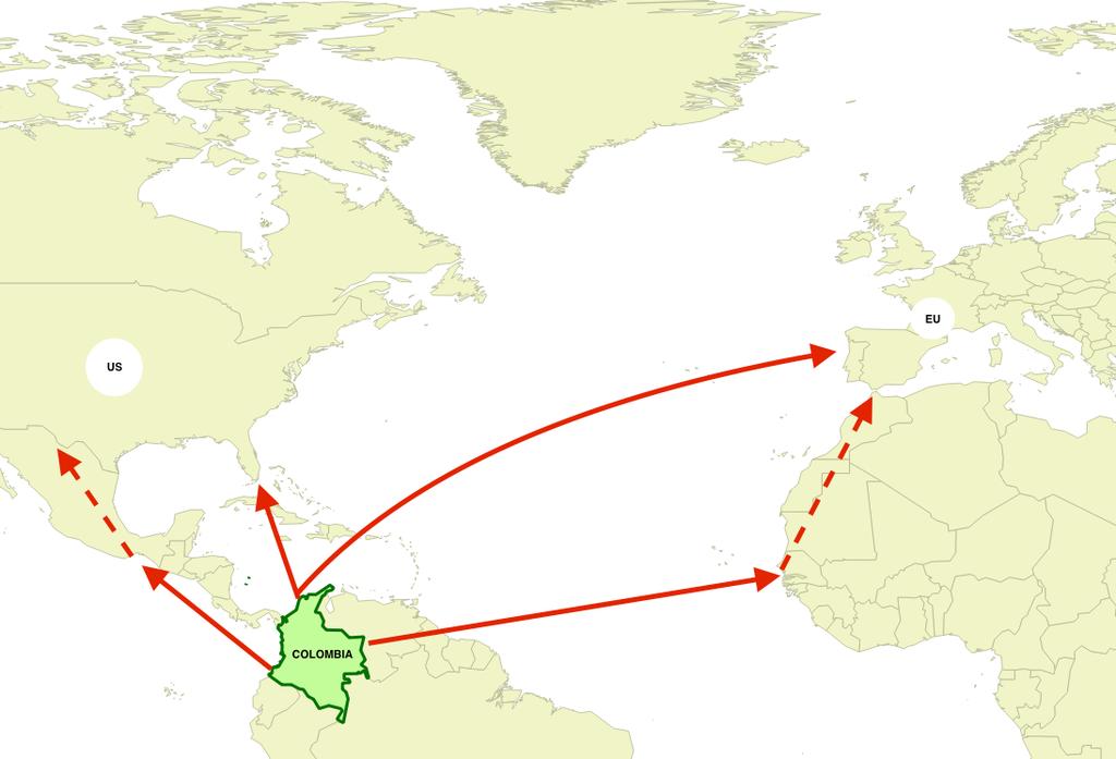 Source: http://thematicmapping.org, Routes drawn based on UNODC (2012) Figure 4: International cocaine trafficking routes Denote, h mt is the homicide rate of municipality m in year t.