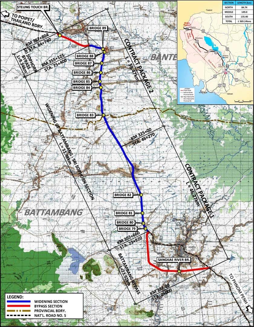 1.3 Civil works to be undertaken Figure 1. Project Location Map 8. Contract package 1 is comprised of Construction of Battambang Bypass (Sta 0+000 to Sta 23+920) and has a total length of 23.92 km.