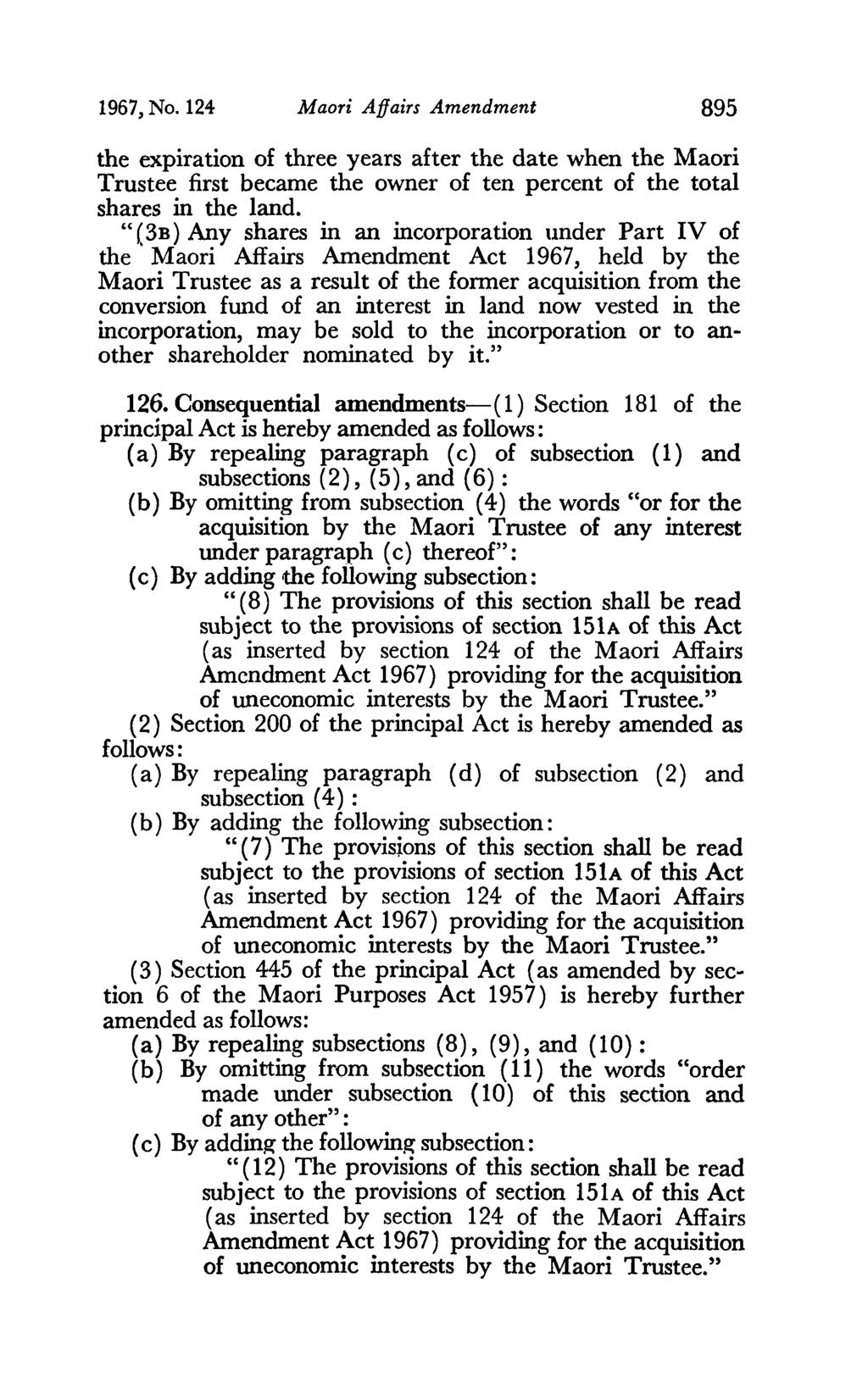 1967, No. 124 Maori Affairs Amendment 895 the expiration of three years after the date when the Maori Trustee first became the owner of ten percent of the total shares in the land.