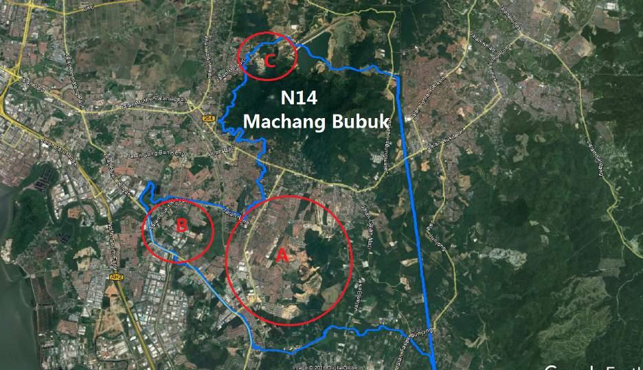 4.2.3 N14 Machang Bubuk The second largest state constituency N14 Machang Bubuk (Map 13) currently consists of two communities, the core area of Machang Bubuk (circle A) and a small segment of the