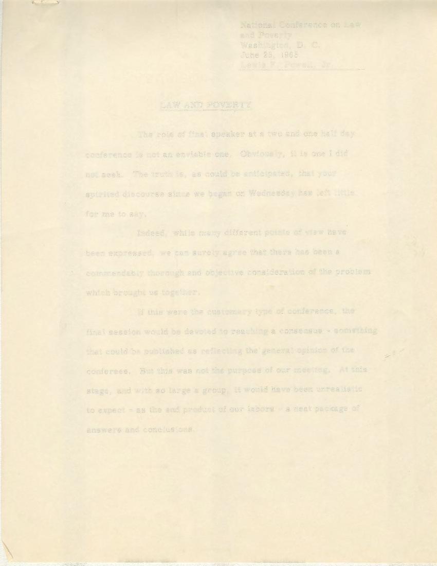 National Conference on Law and Poverty Washington, D. C. June 25, 1965 Lewis F. Powell, Jr.
