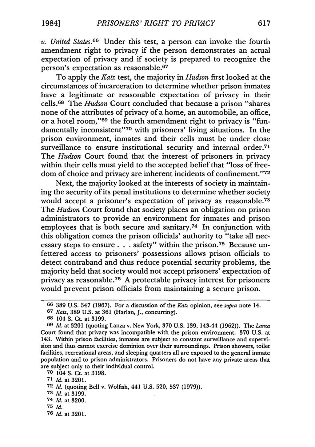1984] PRISONERS' RIGHT TO PRIVACY 617 v. United States.