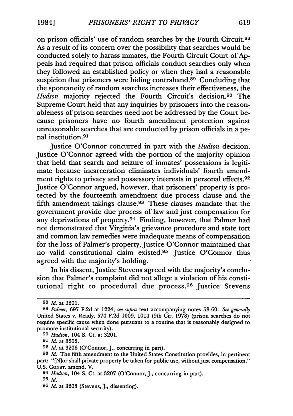 1984] PRISONERS' RIGHT TO PRIVACY 619 on prison officials' use of random searches by the Fourth Circuit.