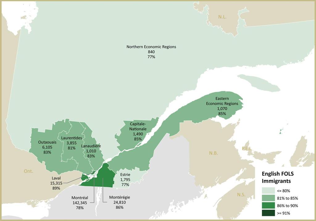 Map 27: Number and percentage of immigrants assigned to English FOLS living in census families across Quebec economic regions, 2006 Census, 20% sample