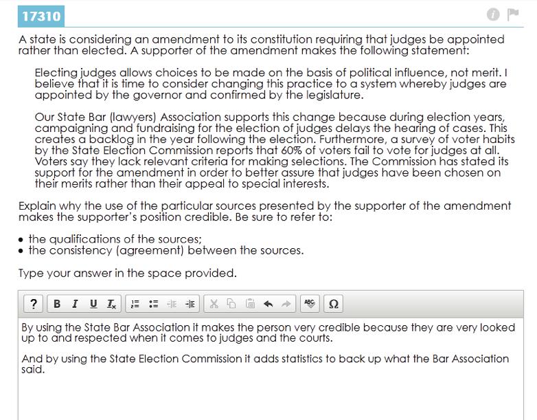 Sample Response: 2 points The response offers a complete explanation of the qualifications of the sources ( they are very looked up to and respected when it comes to judges and the courts ).