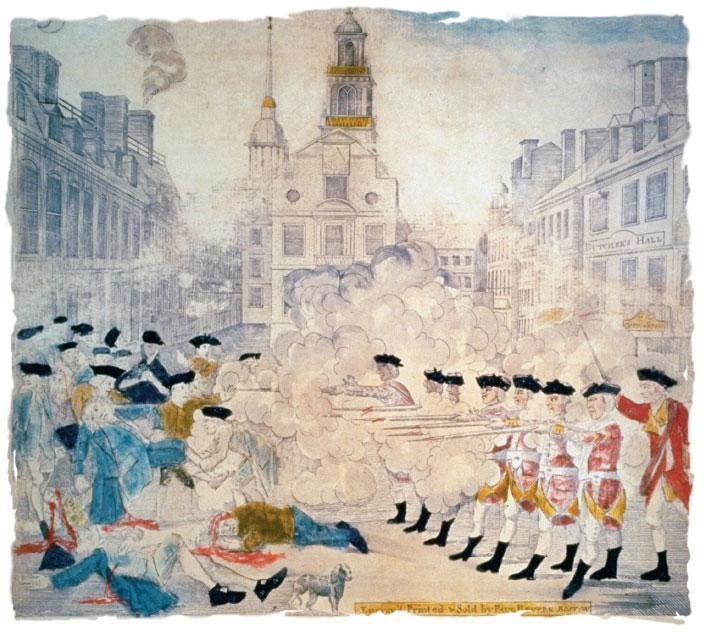 In March 1770, British soldiers fired at a Boston mob, killing five.