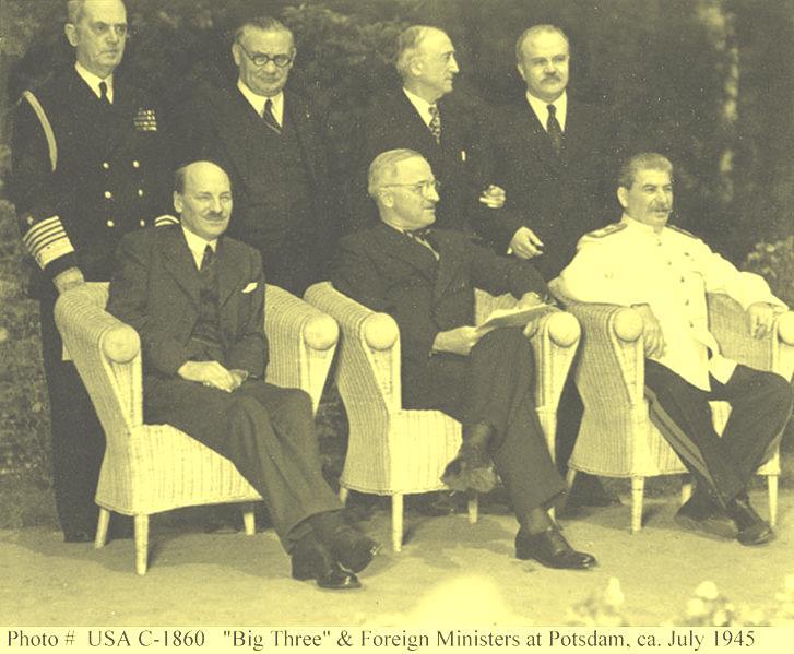 Potsdam At the Potsdam Conference (near Berlin) in July & August 1945, the leaders of America (Truman), England (Attlee) and the Soviet Union (Stalin) met again.