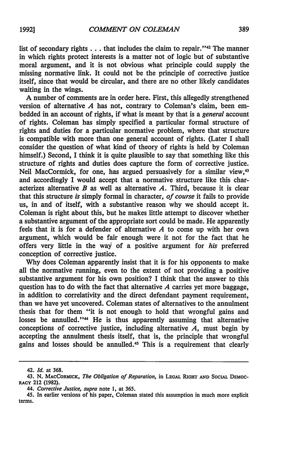 1992] COMMENT ON COLEMAN list of secondary rights... that includes the claim to repair.