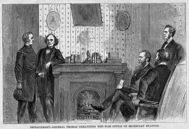 Removed Secretary of War Stanton in favor of General Grant.