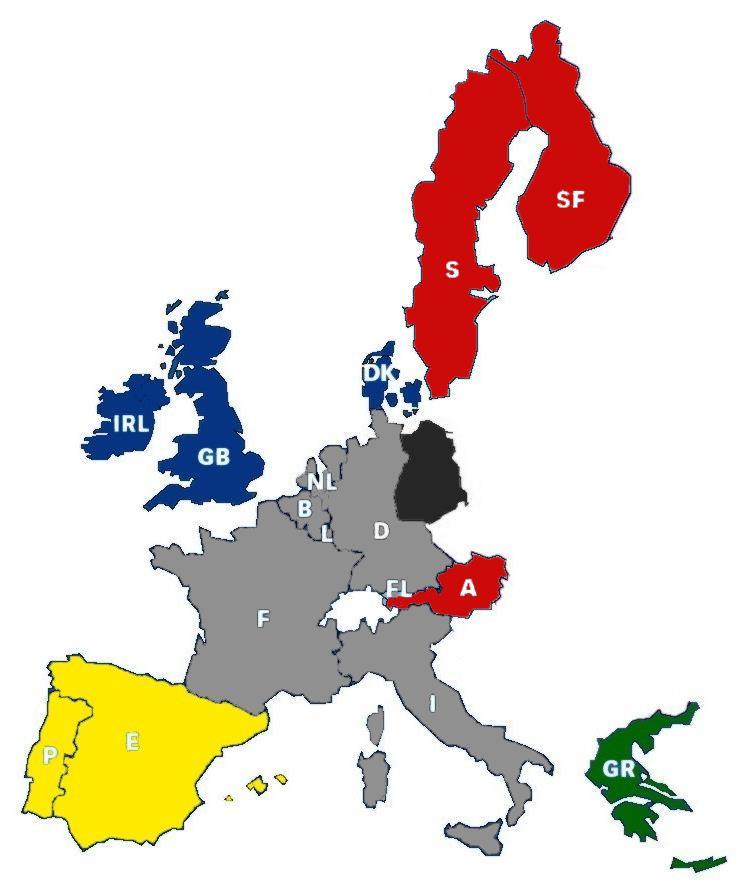 Fourth Enlargement: 1995 (15 countries) 1951 Founding Members 1995 (B) Belgium (A) (F) France (SF) (D) Germany (S) (I) Italy (L) Luxembourg (NL) The