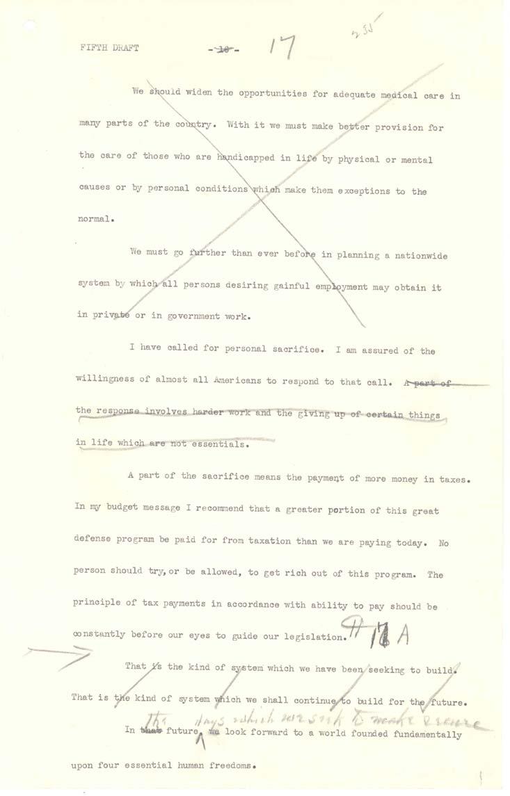 Draft Pages from the Four Freedoms Speech.