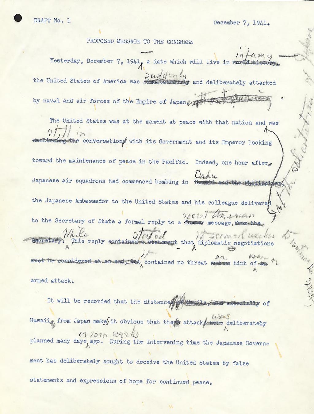 Draft of December 8, 1941 Message to Congress.