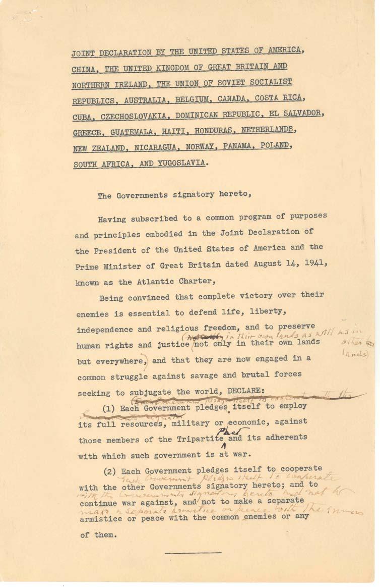 Draft Joint Declaration of the United Nations. In December 1941, shortly after America entered World War II, Prime Minister Winston Ch