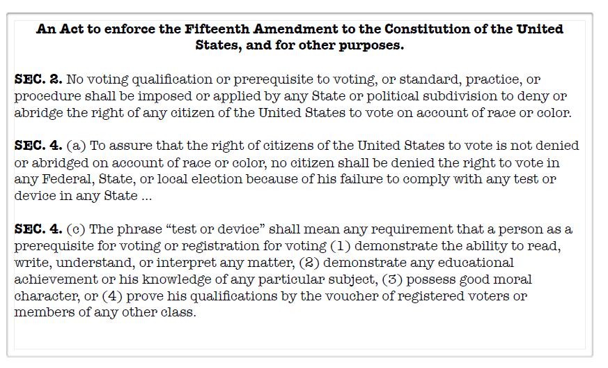 Part 8 Excerpts from the Voting Rights Act Source: https://www.ourdocuments.gov/doc.php?doc=100 29. Summarize the Voting Rights Act according to the excerpt above.