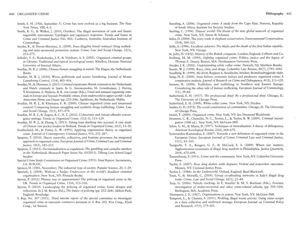 440 ORGANIZED CRIME Bibliography 441 Smith, E. H. (1926, September 5). Crime has now evolved as a big business. The New York Times, VIII, 4-5. Smith, R. G., & Walker, J. (2010, October).