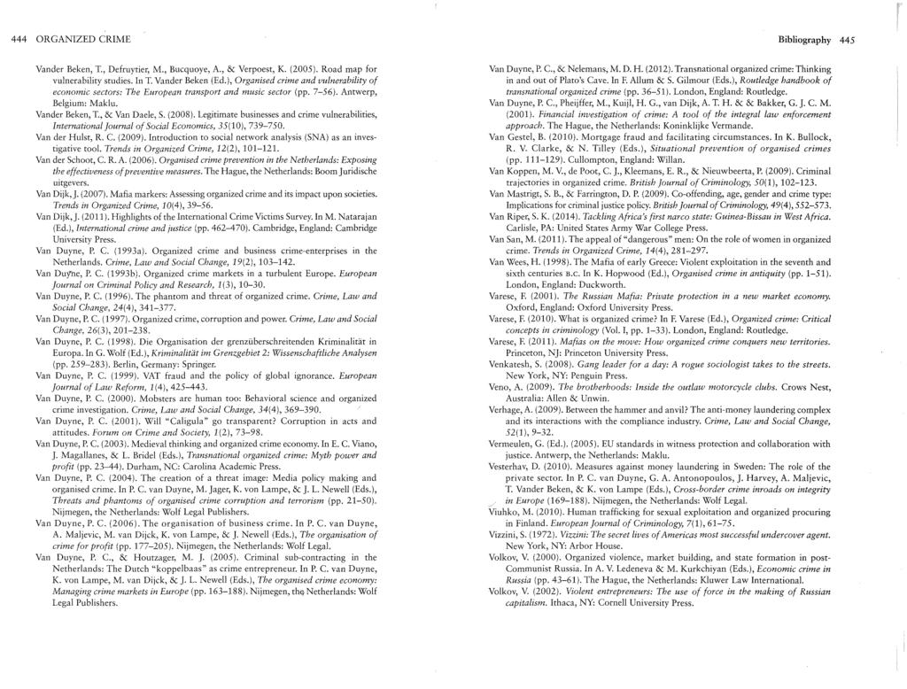 444 ORGANIZED CRIME Bibliography 445 Vander Beken, T., Defruytier, M., Bucquoye, A., & Verpoest, K. (2005). Road map for vulnerability studies. InT. Vander Beken (Ed.