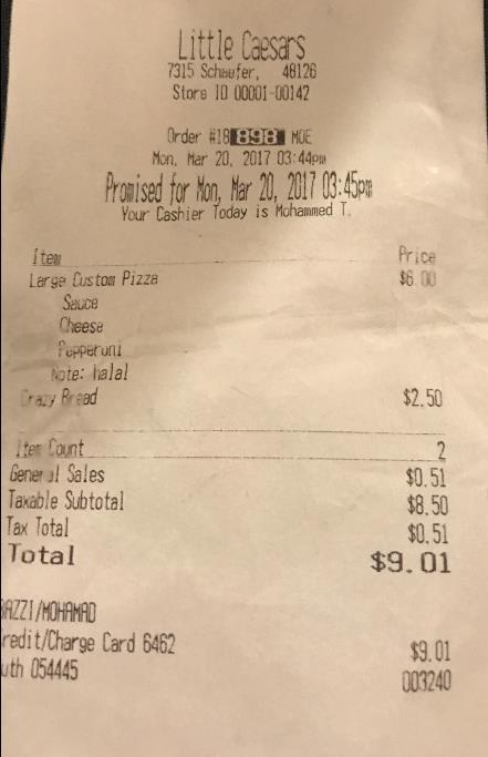 (Here is the receipt that was generated by the cash register, at the time that Mohamad Bazzi picked up his pizza). 10.