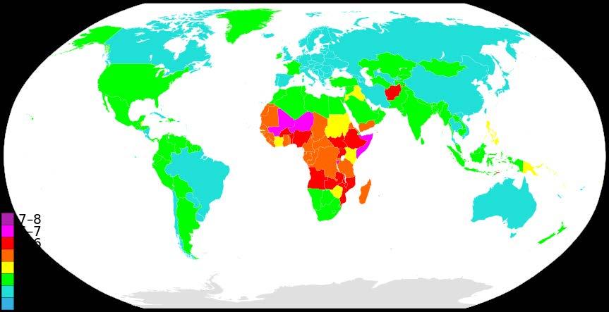 Fertility rates below replacement across much of the world: Fertility rates: number of children born per woman; replacement fertility = enough daughters born to