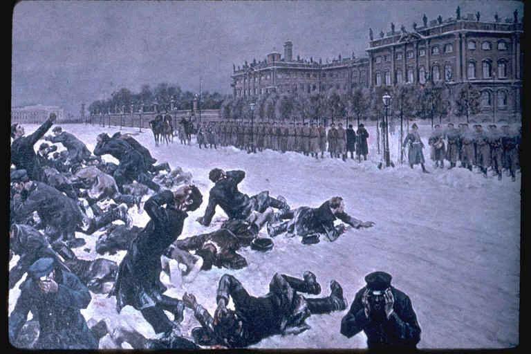 Bloody Sunday Unarmed peasants, led by Father Gapon,, marched to Winter Palace singing, God Save the Czar carrying petition requesting shorter work days, minimum wage, calling of a