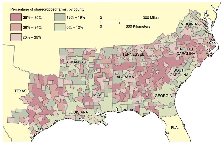 Black Adjustment in the South Sharecropping crop-lien Landowner retained ¼ to ½ of