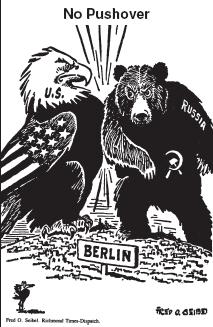 12. The United States carried out the idea expressed in this late 1940s cartoon by (1) forming a military alliance with Russia (2) airlifting supplies to West Berlin (3) accepting Russian authority