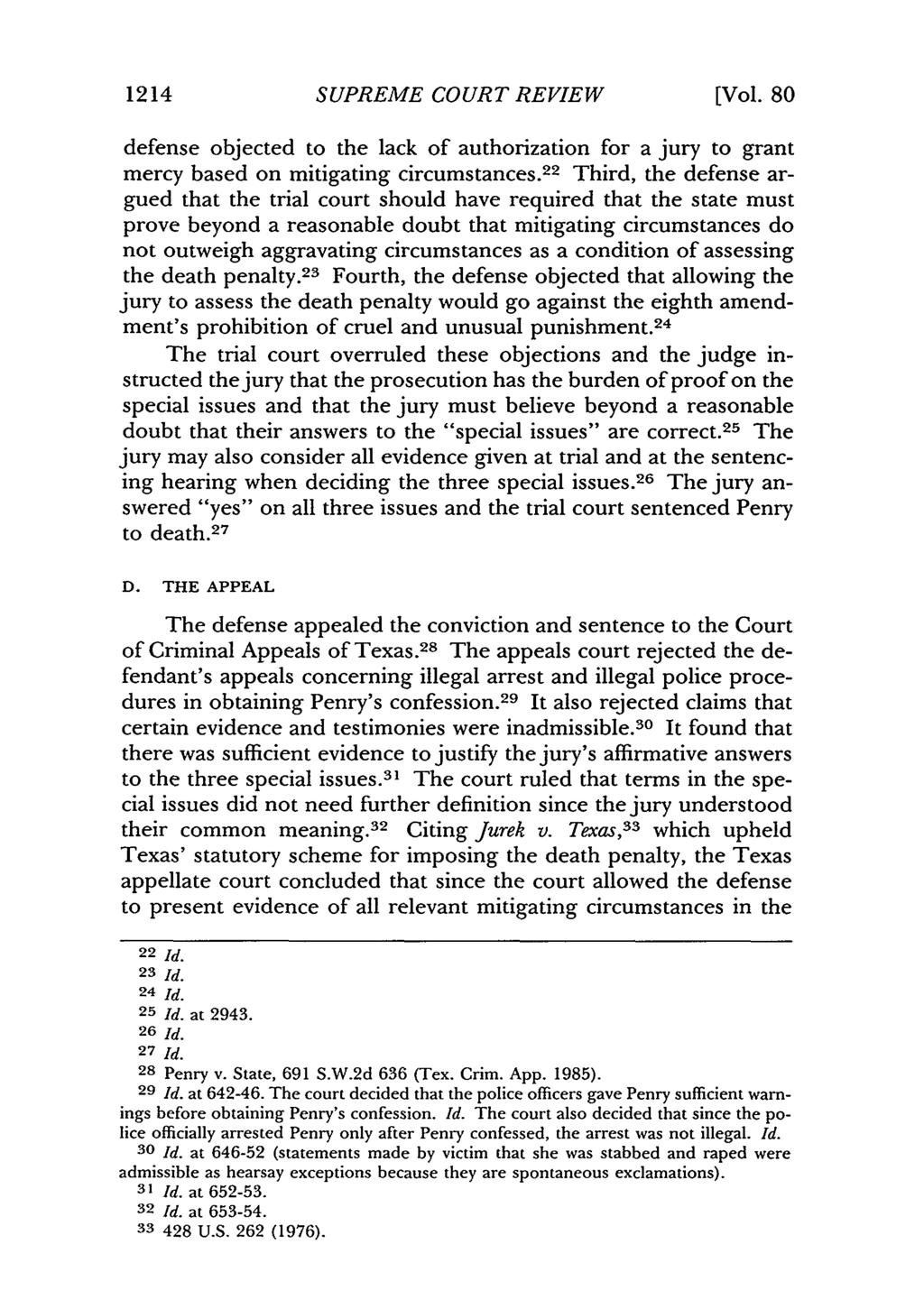 1214 SUPREME COURT REVIEW [Vol. 80 defense objected to the lack of authorization for a jury to grant mercy based on mitigating circumstances.