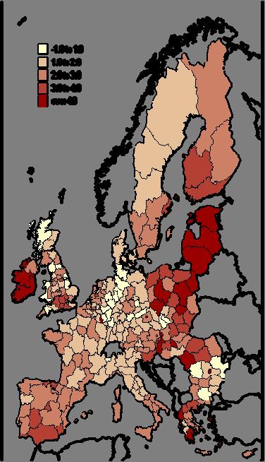Map 2 GDP per capita growth, real, annual average 1998-2002, in per cent Within the individual countries such a core-periphery pattern features for instance in Spain and Italy, where the regions