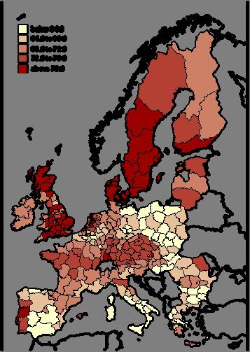 Map 3 Employment rate, 2003, population aged 25-64 Thus, as far as the OMS are concerned, a core-periphery pattern of employment similar to that of income per capita exists, as the regions in the