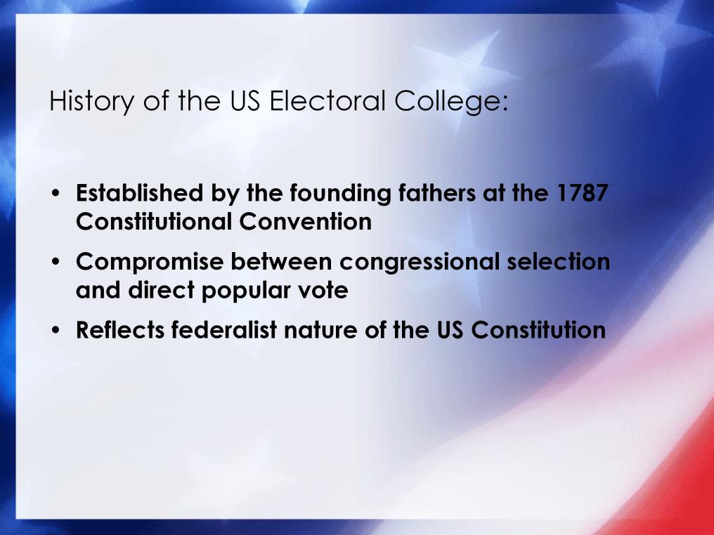 Established in Article II, Section 1 of the U.S. Constitution, the Electoral College is the formal body which elects the President and Vice President of the United States.