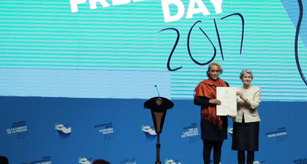 UNESCO/ Guillermo Cano World Press Freedom Prize Betlehem Isaak receiving from UNESCO Director-General Irina Bokova the 2017 UNESCO/ Guillermo Cano World Press Freedom Prize on behalf of her father,