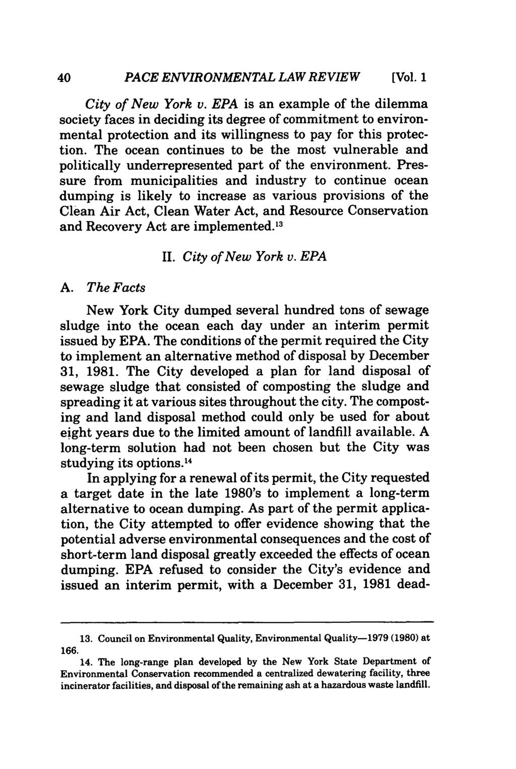 PACE ENVIRONMENTAL LAW REVIEW [Vol. 1 City of New York v.