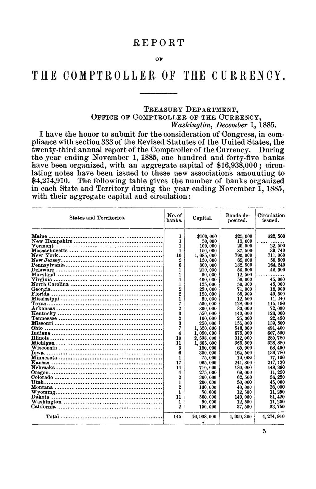 EEPORT THE COMPTROLLER OF THE CURRENCY. TREASURY DEPARTMENT, OFFICE OF COMPTROLLER OF THE CURRENCY, Washington, December 1, 1885.
