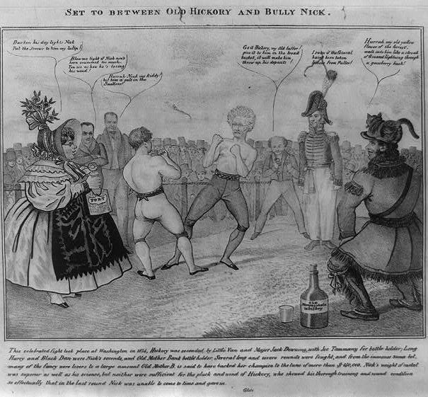 The battle between Jackson and Biddle over the Bank of the U.S. The print is sympathetic to Jackson, showing him as champion of the common man against the wealthy supporters of the BUS.