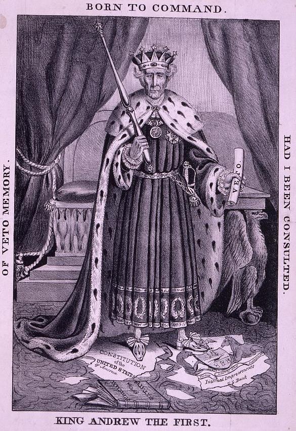 A book "Judiciary of the U[nited] States" lies nearby. Anti-Jackson cartoon, shows him in regal costume, stands before a throne in a frontal pose like a playing-card king.