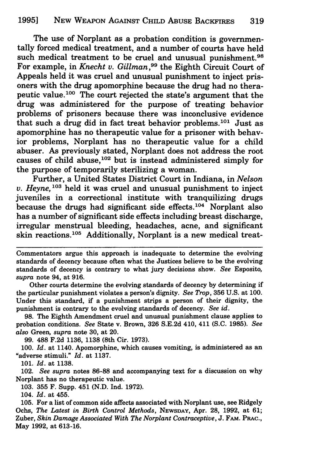 1995] NEW Jebson: WEAPON Conditioning AGAINST a Woman's Probation CHILD on ABUSE Her Using BACKFIRES Norplant: New Weapo319 The use of Norplant as a probation condition is governmentally forced