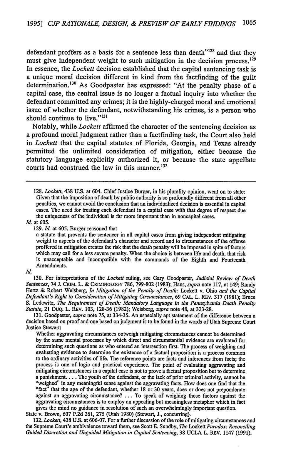 1995] CP RATIONALE, DESIGN, & PREVIEW OF EARLY FINDINGS 1065 defendant proffers as a basis for a sentence less than death"' 28 and that they must give independent weight to such mitigation in the