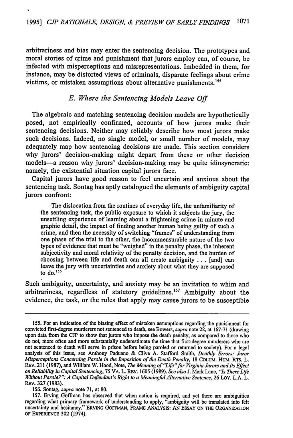 1995] CP RATIONALE, DESIGN, & PREVIEW OF EARLY FINDINGS 1071 arbitrariness and bias may enter the sentencing decision.