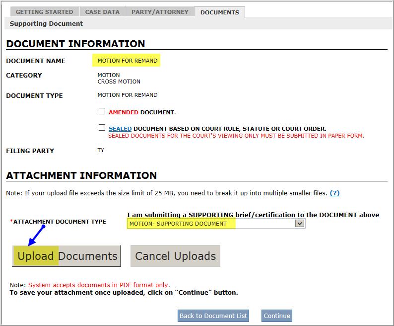 Click Upload Documents. Go to the location of the file on your machine and double click the document.