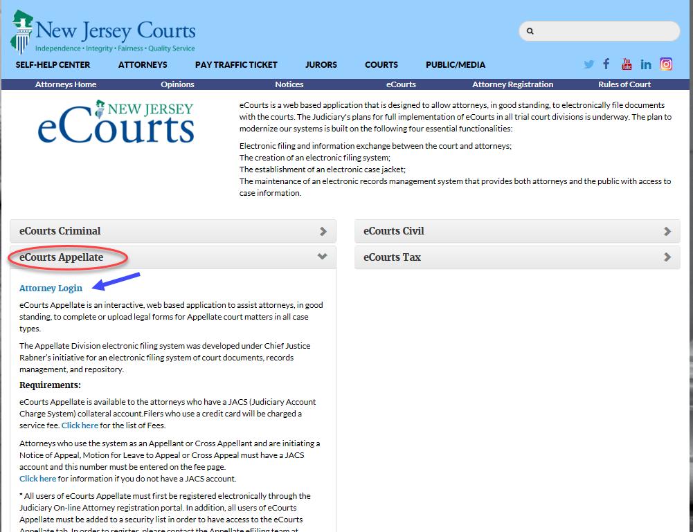 Click on ecourts Appellate. This is the webpage for Appellate Division efiling System where you can find information regarding ecourts Appellate. Click on the Attorney Login.