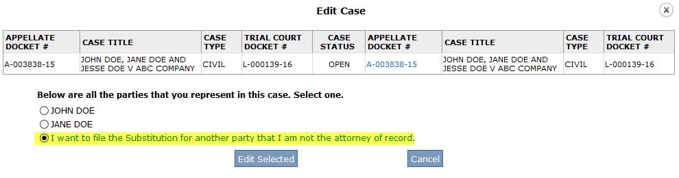 Check the box for the applicable Appellate docket # then click the radio button for I am filing a Substitution of Attorney