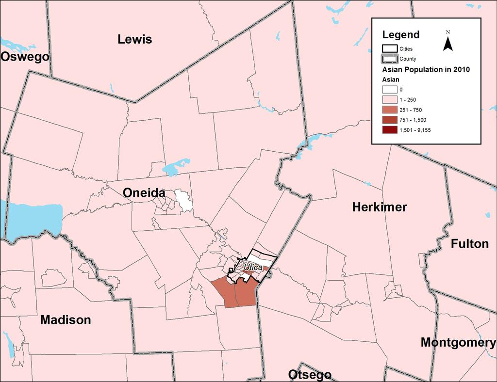 Oneida County & Utica Summary The Asian population in Oneida County doubled in size, largely due to the influx of Burmese refugees in the last decade.