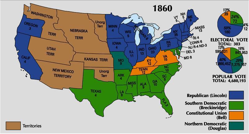 The Election of 1860 1. Draw a rough sketch of this map in your notes. 2. Using colored pencils, draw the color key for the candidates. 3.