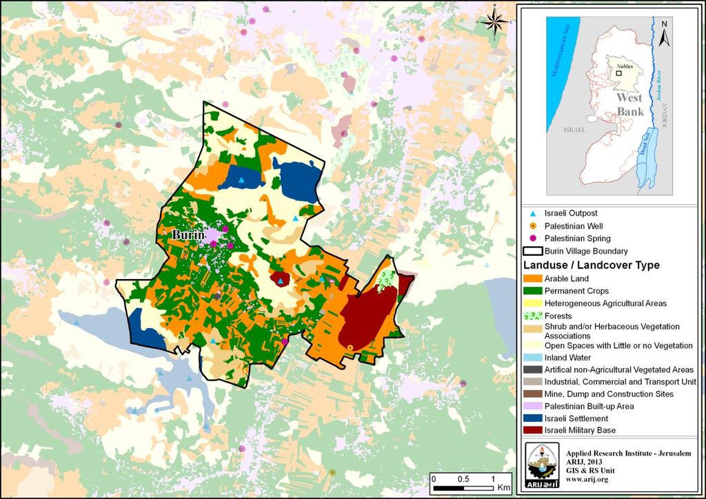Map 3: Land use/land cover and Segregation Wall in Burin Village Source: ARIJ - GIS Unit, 2014. Table 6 shows the different types of rain-fed and irrigated open-cultivated vegetables in Burin.