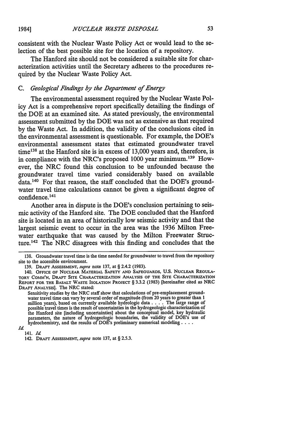 Klausner: State Participation in the Disposal of High-Level Nuclear Waste 1984] NUCLEAR WASTE DISPOSAL consistent with the Nuclear Waste Policy Act or would lead to the selection of the best possible