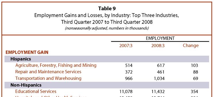 Latino Workers in the Ongoing Recession: 2007 to 2008 16 Latinos also lost 66,000 jobs in finance, insurance and real estate, an industry that is rich in white-collar jobs.