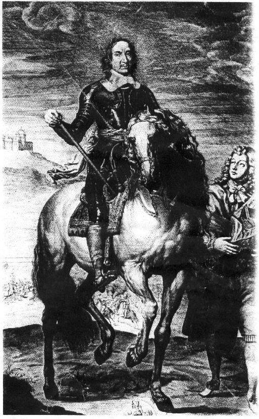 Document 7 Oliver Cromwell- adapted from an engraving of the Van Dyck equestrian portrait of Charles I.