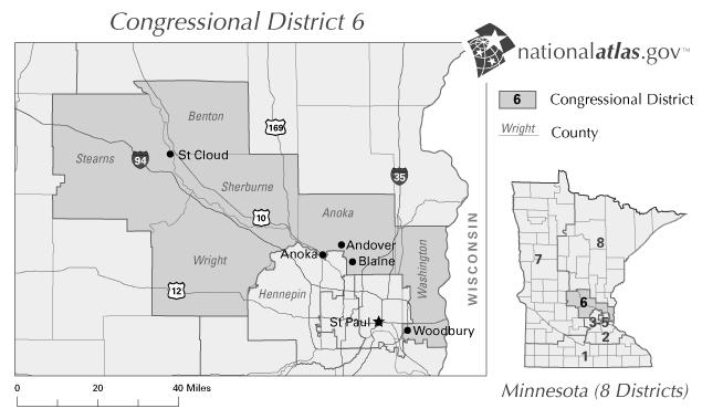 24. Based on the maps below (Congressional District 6 and Minnesota (8 Districts)), what statement BEST describes Minnesota s Congressional Districts? a. The largest Congressional District in regards to land area is found in St.