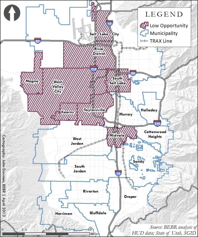 The results of the FHEA identify five low opportunity cities; Salt Lake City (River District), South Salt Lake, Midvale, Taylorsville and West Valley City as well as two low opportunity neighborhoods