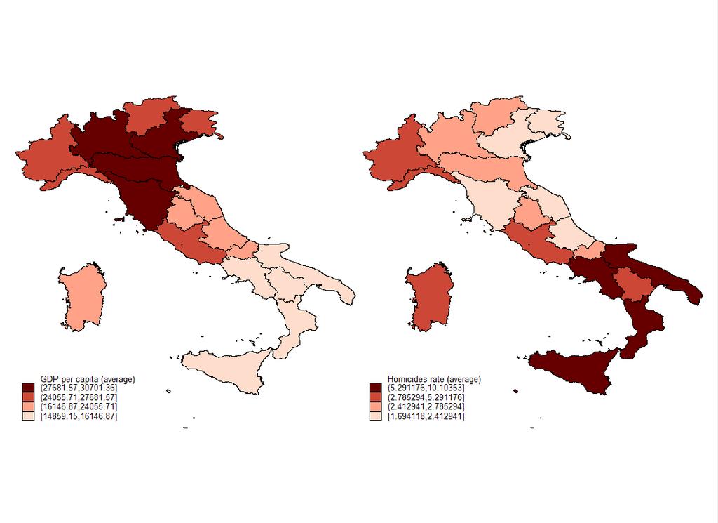 Figure 1: Heterogeneity across Italian regions in terms of GDP per capita and homicide rate (per 100,000 inhabitants) Descriptive statistics for the variables used in
