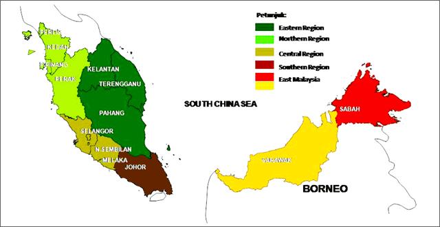 Figure 1. The regions in Malaysia The distribution of the six regions is based on the geographical location and they also represent the different levels of economic development.